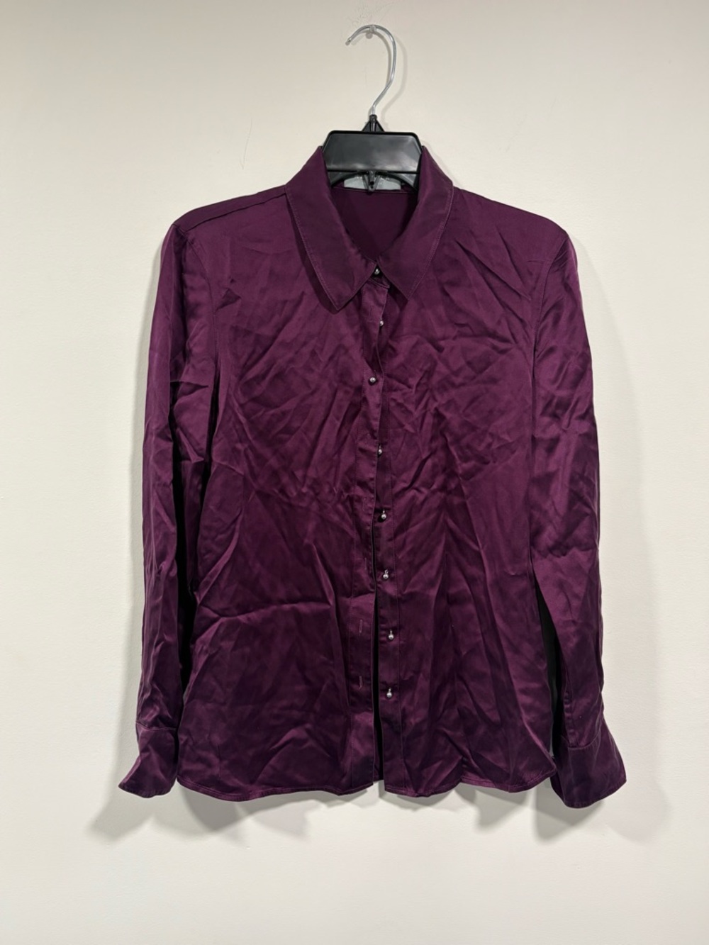Ravella Women's Milano Silk Blouse Deep Plum Button-Down Satin Shirt - Picture 2 of 5